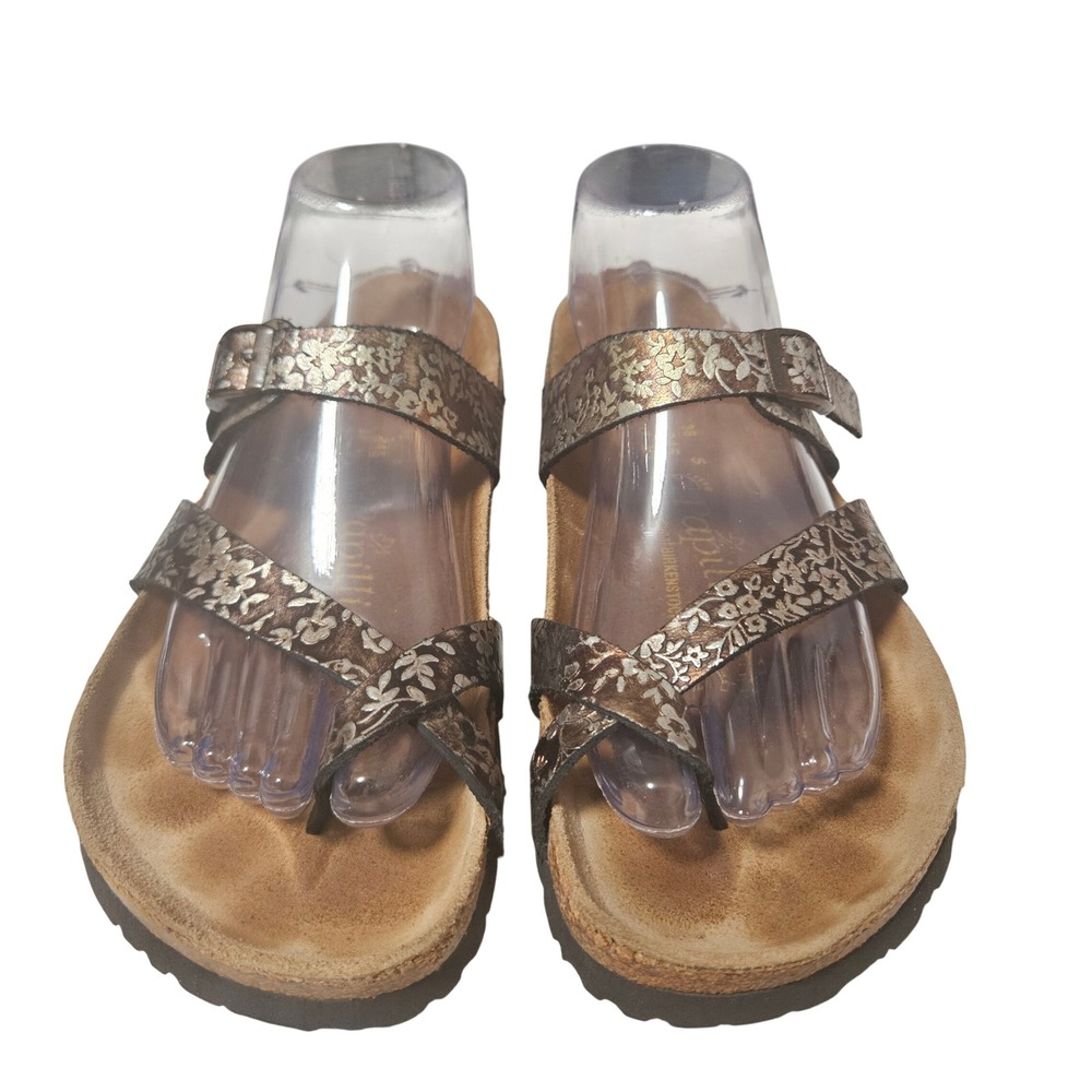 Papillio Birkenstock Tabora Sandals Bronze Floral Metallic Toe Loop EU 38 US 7.5